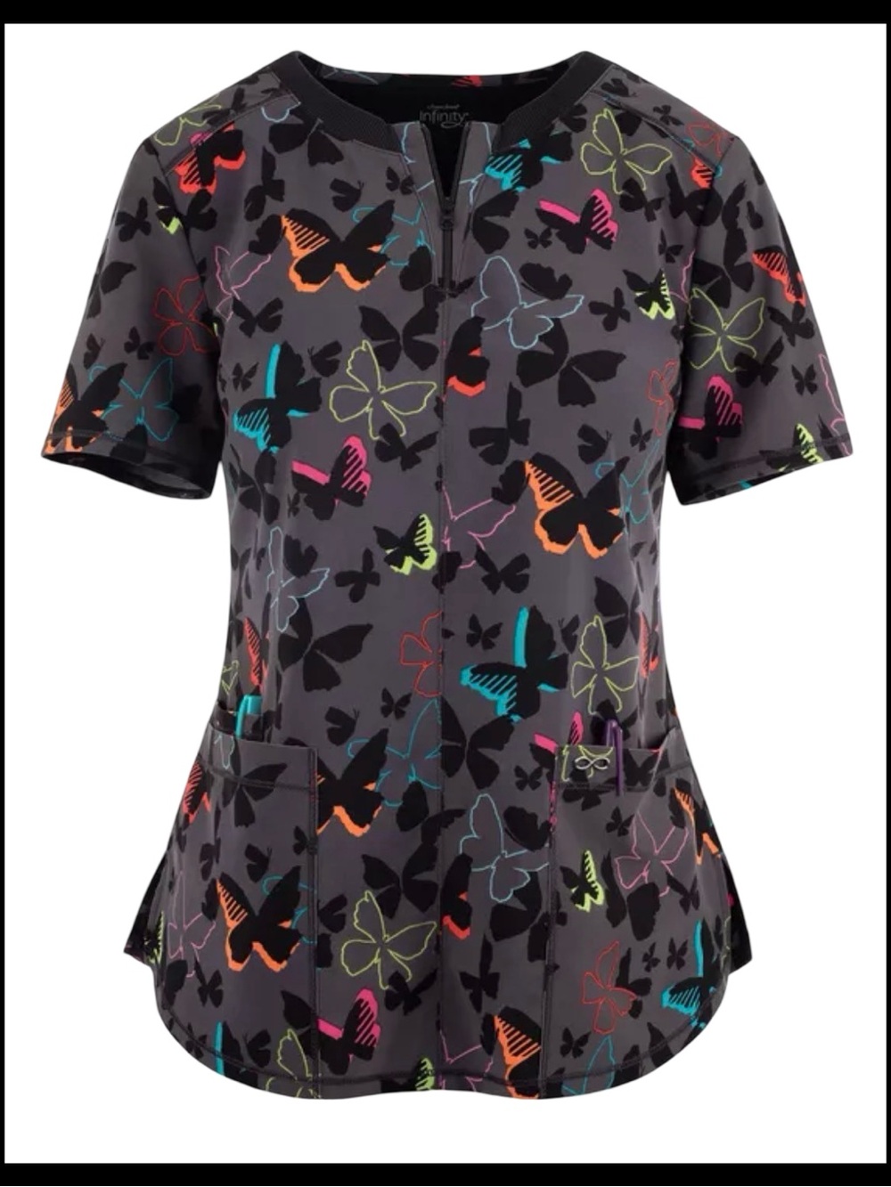 NWT Women's Cherokee Infinity Gray Butterfly Print Scrub Top